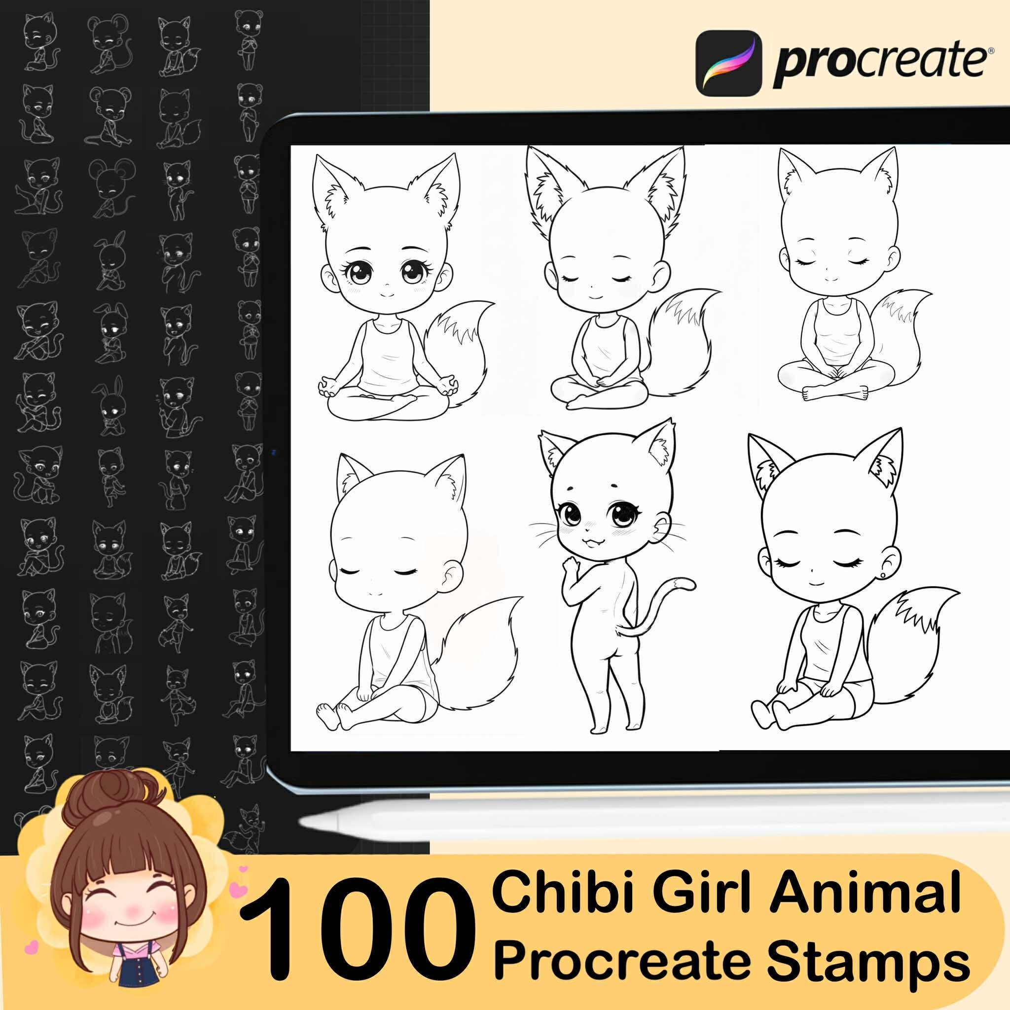 100 Chibi Girl Animal Procreate Stamps | Kawaii Character Design (set 1 ...
