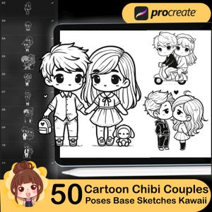 50 Procreate Chibi Couples Stamps: Kawaii Cartoon Poses (Digital Download)