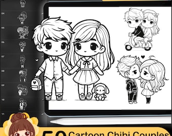 50 Procreate Chibi Couples Stamps: Kawaii Cartoon Poses (Digital Download)
