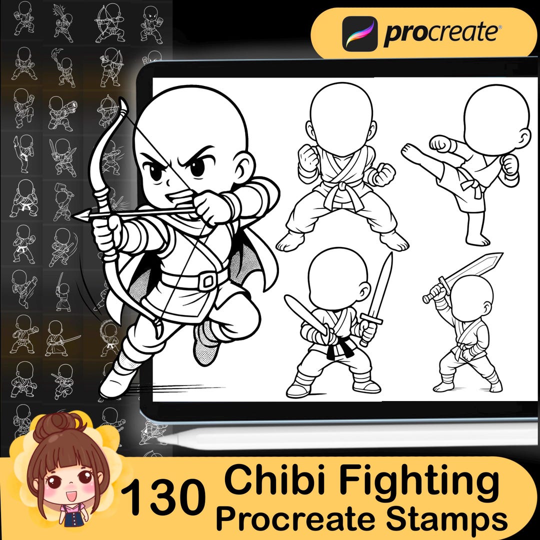 Procreate Chibi Fighting Stamp Brush Set: 130 Lineart Body Poses (PDF ...