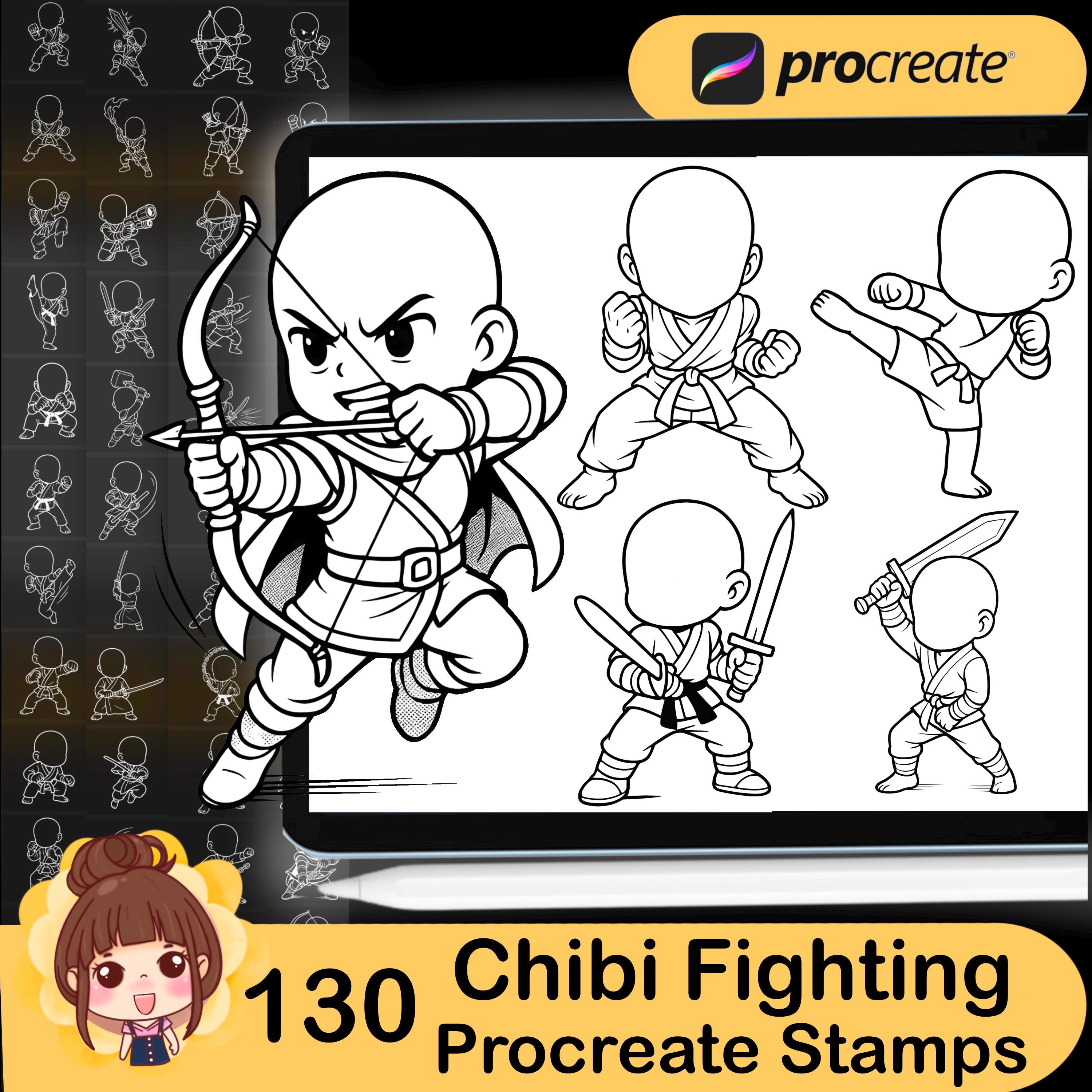 130 pinceles sello de lucha chibi para Procreate – Poses de batalla chibi dinámicas y set de lineart