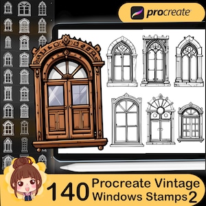 May include: 140 Procreate Vintage Windows Stamps 2 digital stamp set for use in the Procreate app. The image shows a variety of window designs, including arched, rectangular, and gothic styles.