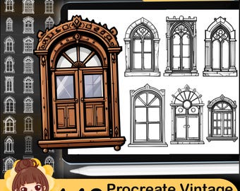 140 Vintage Windows Procreate Stamps, Gothic Style (Set2)