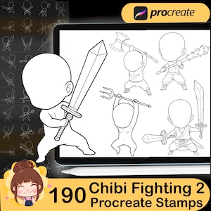 190 Procreate Chibi Fighting Stamp Brushes Set2,Procreate Chibi Fight Body Poses,Procreate Lineart Stamps Set, Chibi Fantasy
