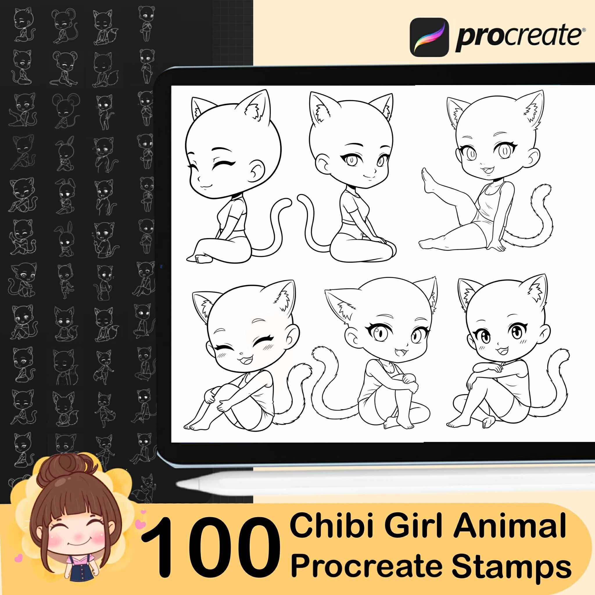 100 Chibi Girl Animal Procreate Stamps | Kawaii Character Design (set 1 ...