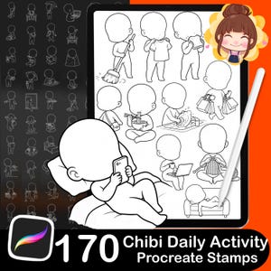 Puede incluir: Una colección digital de 170 sellos Procreate en blanco y negro de actividades diarias chibi, con poses como limpiar, comer, comprar y usar el teléfono. Incluye un lápiz óptico blanco y un icono colorido de la aplicación Procreate.