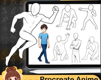 Procreate Anime Stamps: Manga Boy Poses, Male Anatomy Reference (Digital Download)