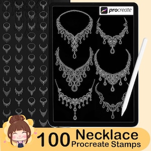 Può includere: Immagine di arte digitale con un tablet nero che mostra diversi modelli di collane bianche. Il tablet è accompagnato da uno stilo bianco. L'immagine include anche una collezione di timbri per collane e il testo "100 Necklace Procreate Stamps."