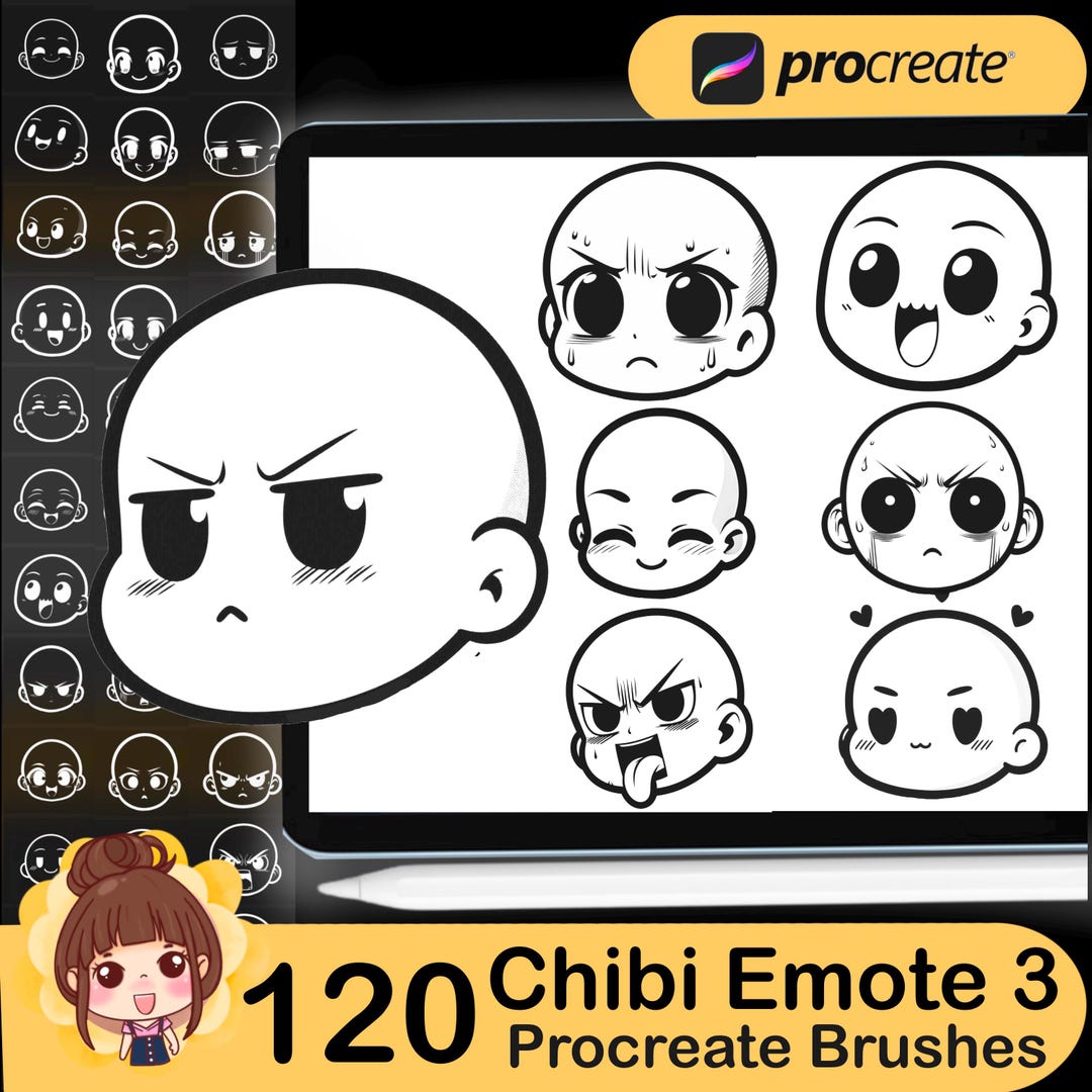 120 Procreate Chibi Emote Brushes Set3. Procreate Chibi Head Stamps ...