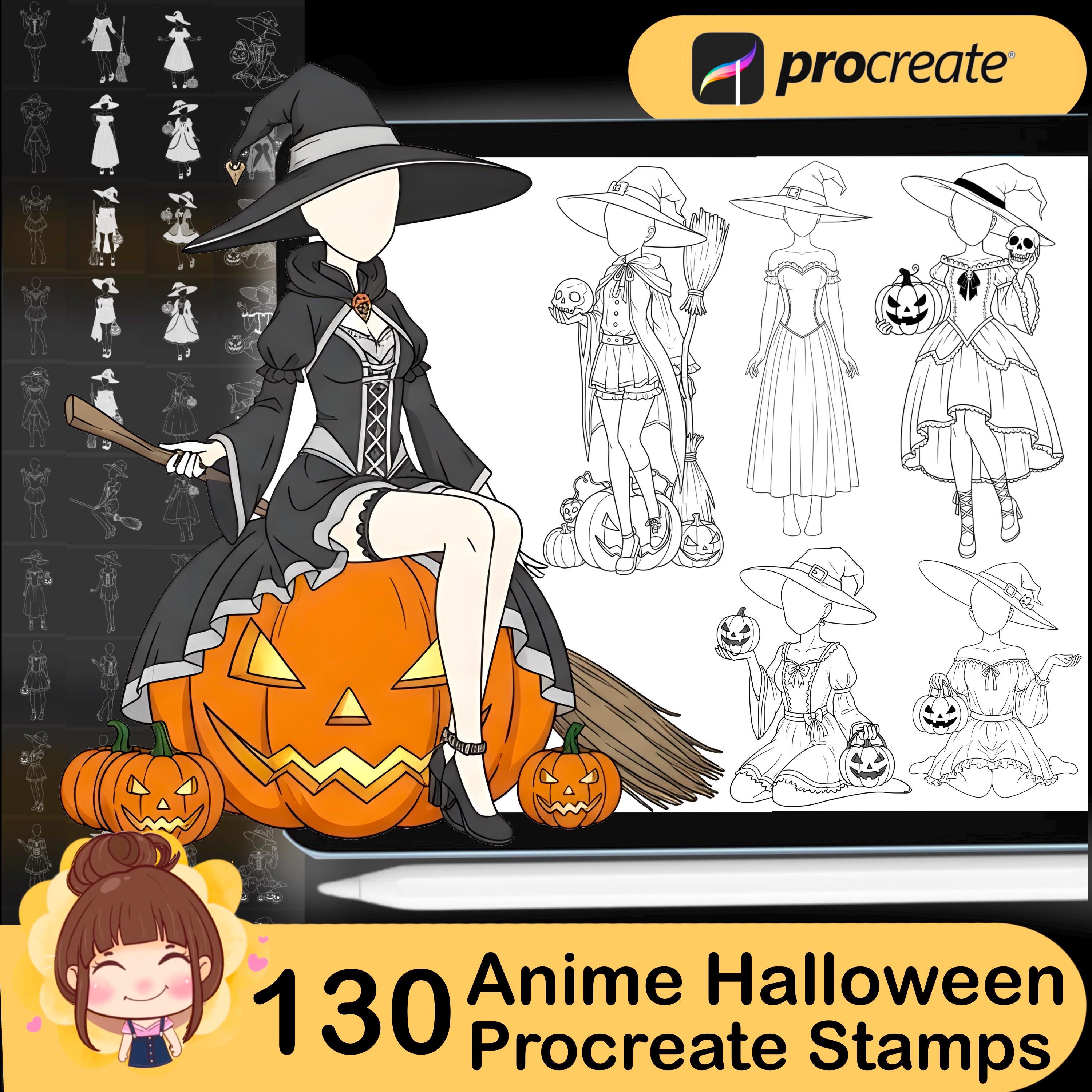 130 sellos y pinceles de Procreate Anime Halloween – Bases manga, poses y elementos espeluznantes