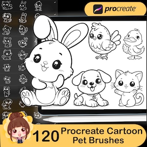 120 Procreate cartoon pet brushes. Procreate cartoon dog, cat, rabbit stamps. Hamster, bird,fish,duck brush stamp. Procreate cartoon animals