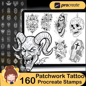 Può includere: Una presentazione di arte digitale con disegni di tatuaggi in bianco e nero, tra cui un diavolo, dadi, una croce, una farfalla, un teschio, una rosa e una bara. Lo schermo mostra "Patchwork Tattoo Procreate Stamps" e "160". Il logo Procreate è visibile.