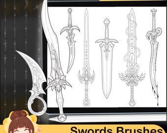 130 Sword Procreate Brushes - Fantasy Tattoo Stamps (Digital Download)