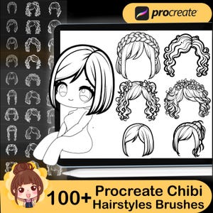 May include: A set of 100+ Procreate Chibi Hairstyles Brushes for digital art. The image shows a variety of hairstyles for a chibi character, including braids, buns, and ponytails.