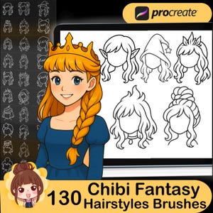 130 Procreate Chibi Fantasy Hairstyles ブラシ スタンプ、Chibi Procreate Fantasy Hair スタンプ、Chibi Procreate スタンプ、Fantasy Hair ブラシ