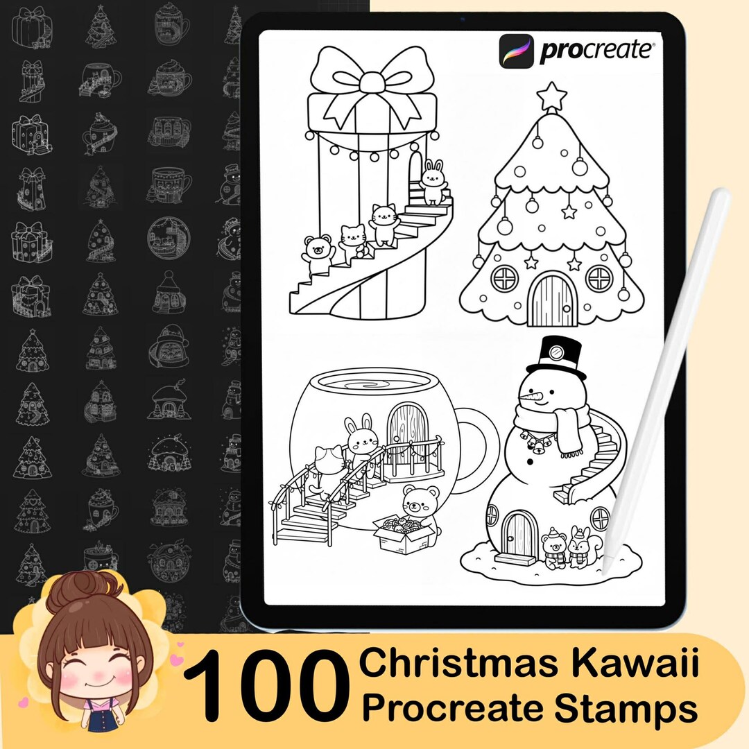 100 Procreate Christmas Stamps Brushes, Kawaii Cozy Home Doodle ...
