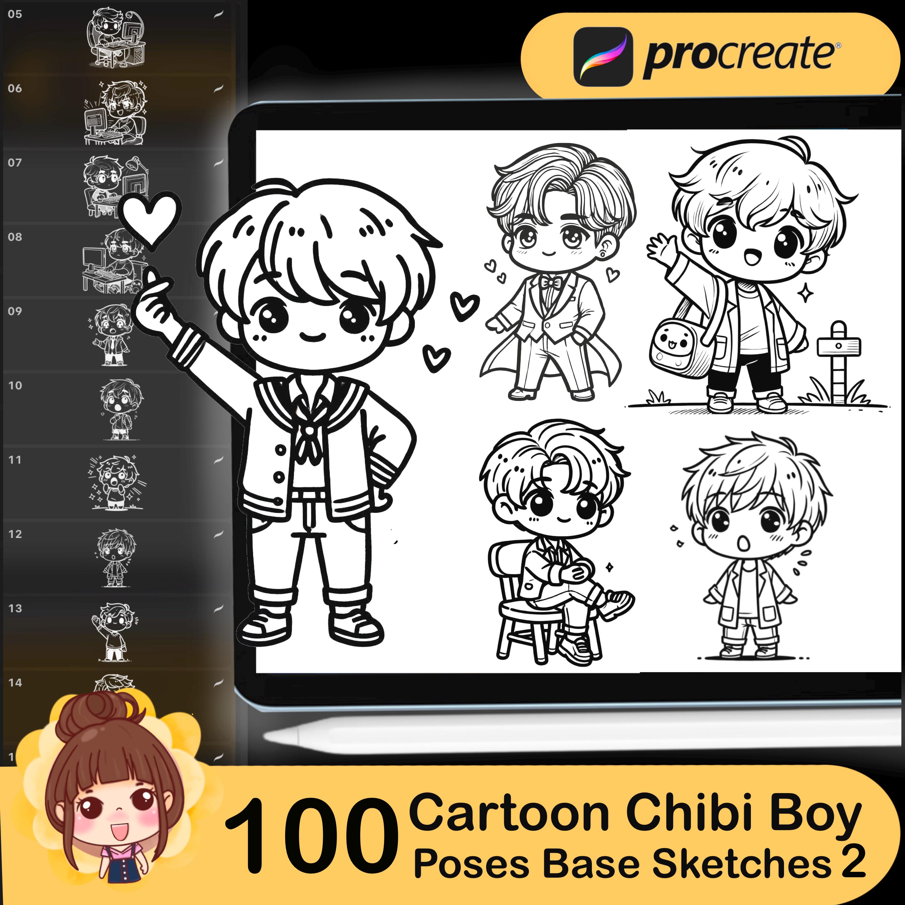 100 Procreate Chibi Boy Poses: Cartoon Character Stamps (Brush Guide)