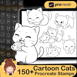 Puede incluir: Ilustración digital con sellos de gatos de dibujos animados en varias poses, incluyendo comer un pez, dormir y parecer enfadado. La imagen incluye el texto "Cartoon Cats 150+ Procreate Stamps."