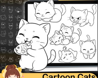 Oltre 150 timbri di gatti in stile cartone animato per Procreate, set di pennelli per animali (download digitale)