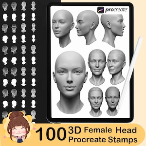 Może przedstawiać: Produkt sztuki cyfrowej wyświetlany na tablecie, zawierający stemple 3D głowy żeńskiej dla Procreate. Obraz przedstawia różne kąty głów, z tekstem "100 3D Female Head Procreate Stamps" i logo Procreate.