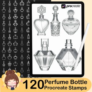 May include: Digital artwork featuring perfume bottle designs, including heart-shaped and geometric styles. The image shows a tablet with the Procreate app open, displaying various perfume bottle stamps. The text reads "120 Perfume Bottle Procreate Stamps."