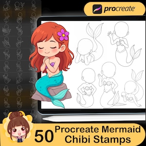 50 Mermaid chibi Procreate stamps, Procreate chibi stamps, Chibi mermaid Procreate stamps, Procreate mermaid stamps