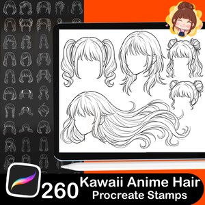 Pode incluir: Conjunto de arte digital com 260 selos Kawaii Anime Hair Procreate. A imagem mostra v&aacute;rios penteados, incluindo rabos de cavalo, coques e cabelo escorrido, em arte de linha preta e branca. O logotipo do aplicativo Procreate &eacute; vis&iacute;vel.