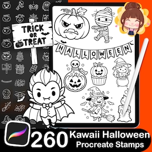 May include: A digital collection of 260 Halloween-themed Procreate stamps featuring black and white line art illustrations of a vampire, mummy, pumpkin, witch, and a banner with the text HALLOWEEN and a sign with the text TRICK OR TREAT.