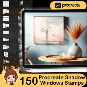 Puede incluir: Una ilustración digital de 150 sellos de ventanas con sombra de Procreate. La imagen muestra la pantalla de una tableta que muestra una habitación con una pintura, un jarrón de flores secas y una mesa con un vaso de agua. El texto "Procreate Shadow Windows Stamps" se muestra debajo de la tableta.