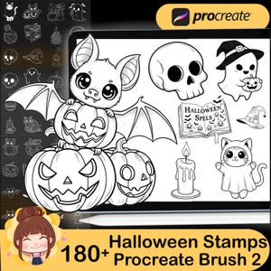 May include: Black and white Halloween-themed digital stamps. Includes a bat perched on pumpkins, a skull, a ghost holding a pumpkin, a spell book, a witch's hat, a cat in a ghost costume, and a lit candle. The image also includes the text "Halloween Stamps 180+ Procreate Brush 2".