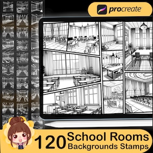 Peut inclure: Une illustration numérique de 120 fonds de salle de classe pour Procreate. L'image montre une variété de scènes de classe, y compris des bureaux, des chaises, des fenêtres et des portes. Les fonds sont parfaits pour créer des bandes dessinées, des illustrations et d'autres œuvres d'art numériques.