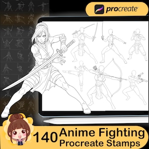 140 Procreate Fighting Stamp Brushes,Procreate Anime Fight Body Poses,Procreate Lineart Stamps Set. Manga Female, Anime Fantasy