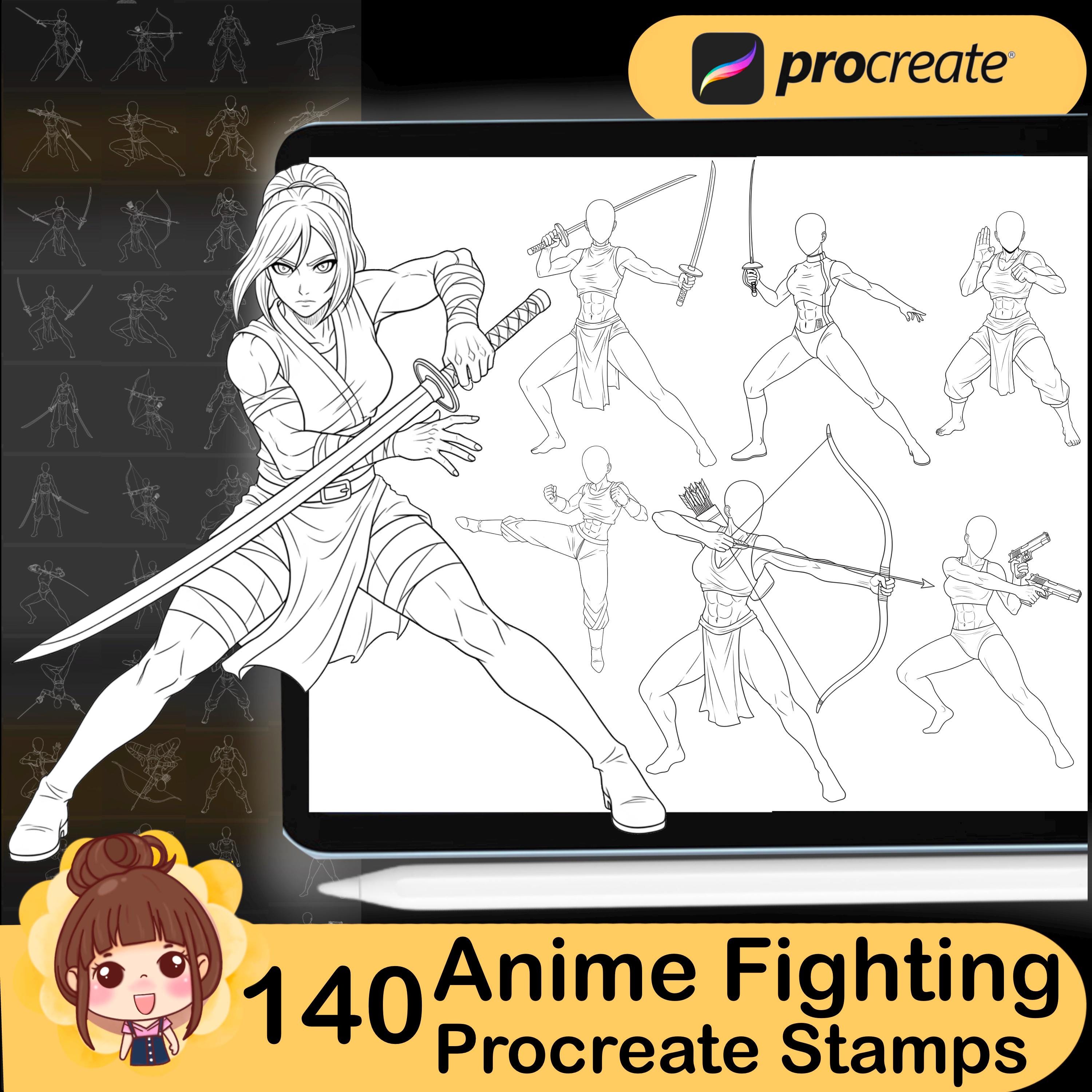 140 pinceles sello para Procreate – Poses de combate anime y lineart para heroínas manga y fantasía