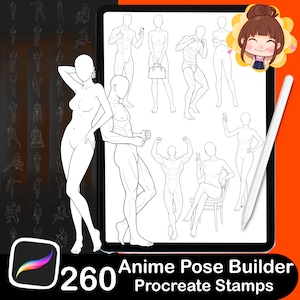 Könnte beinhalten: Ein digitales Kunstprodukt auf einem Tablet, das 260 Anime-Pose-Builder-Procreate-Stempel zeigt. Das Bild zeigt verschiedene männliche und weibliche Figurenposen in schwarzer Strichzeichnung. Ein weißer Stift ist ebenfalls sichtbar, zusammen mit dem Procreate-App-Logo.