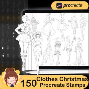 May include: Digital illustration of a Procreate drawing with 150 Christmas clothes stamps. The image shows a variety of fashion sketches, including dresses, coats, and sweaters. The Procreate logo is visible in the upper right corner, and the text "Clothes Christmas Procreate Stamps" is displayed.