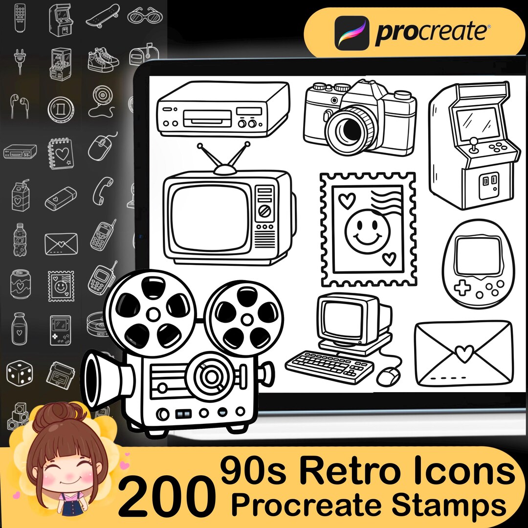 90s Retro Procreate Stamps | 200 Kawaii Doodle Brushes (digital ...