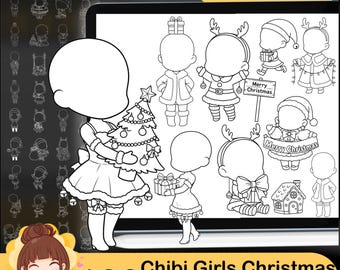 May include: Digital art stamps for Procreate featuring 130 Chibi Girls Christmas designs. The black and white illustrations include girls with Christmas trees, gifts, and holiday outfits. The Procreate logo is in the top right corner.