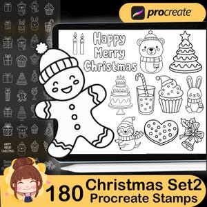 May include: A digital illustration of a Christmas-themed Procreate stamp set. The set includes a gingerbread man, bear, Christmas tree, cake, cupcake, and other festive elements. The text "Happy Merry Christmas" is also included.