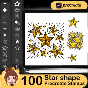 May include: A set of 100 Procreate star shape stamps. The image shows a digital tablet screen with a variety of yellow star shapes, and a smaller image of a cluster of yellow stars. The text "100 Star shape Procreate Stamps" is at the bottom of the image.