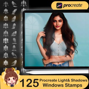May include: A digital illustration of a woman with long dark hair, wearing a light gray top and blue jeans. The image is displayed on a tablet computer with a white stylus pen. The text "Procreate Light & Shadows Windows Stamps" and "125" are displayed below the tablet.