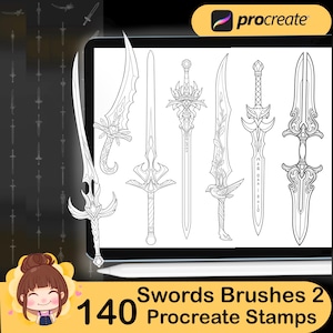 May include: A digital illustration showcasing a collection of intricately designed swords. The image features seven detailed sword designs, each with unique hilt and blade patterns. The text "Swords Brushes 2 Procreate Stamps" and "140" are also visible.