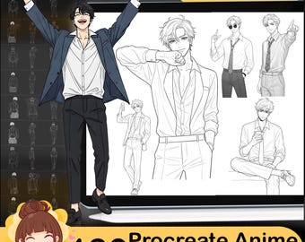 Pode incluir: Ilustração digital de um homem de terno com os braços levantados e desenhos de linha de homens em estilo anime. A imagem inclui o texto "Procreate Anime Guys Brushes" e o número "130". Um logotipo do Procreate está no canto superior direito.