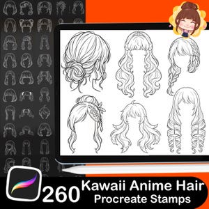 Pode incluir: Um conjunto de arte digital exibido num tablet, com 260 Kawaii Anime Hair Procreate Stamps. A imagem mostra v&aacute;rios penteados em arte de linha a preto e branco, incluindo coques, tran&ccedil;as e madeixas soltas, perfeitos para projetos de arte digital.