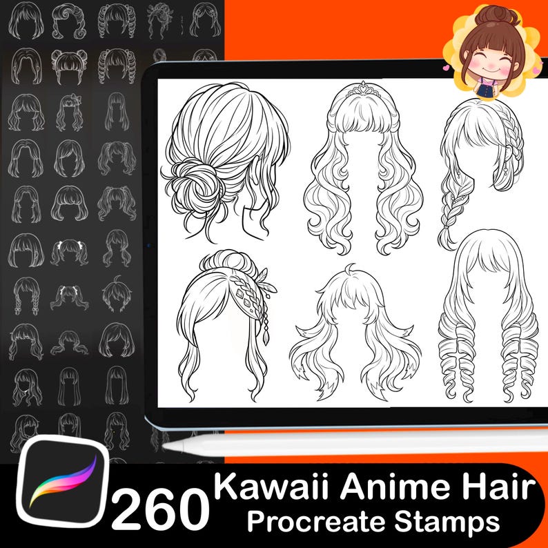 Pode incluir: Um conjunto de arte digital exibido num tablet, com 260 Kawaii Anime Hair Procreate Stamps. A imagem mostra v&aacute;rios penteados em arte de linha a preto e branco, incluindo coques, tran&ccedil;as e madeixas soltas, perfeitos para projetos de arte digital.