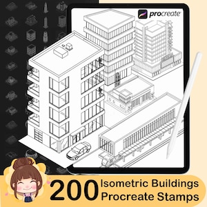 Op de afbeelding: Een digitale illustratie op een tablet met isometrische bouwstempels voor Procreate. De afbeelding toont verschillende gebouwontwerpen, waaronder hoogbouw, een bioscoop en een treinstation. De tekst luidt "200 Isometric Buildings Procreate Stamps."