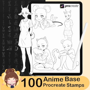 Puede incluir: Un conjunto de arte digital que se muestra en una tableta, con sellos base de anime. La imagen muestra varias figuras de estilo anime con rasgos de animales, como cuernos de cabra, orejas de ratón y orejas de gato. El texto dice "100 Anime Base Procreate Stamps."