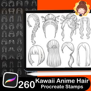 Pode incluir: Ilustra&ccedil;&atilde;o digital de v&aacute;rios penteados de anime, incluindo tran&ccedil;as, coques e rabos de cavalo, exibidos em um tablet. A imagem tamb&eacute;m apresenta o logotipo do aplicativo Procreate e o texto "260 Kawaii Anime Hair Procreate Stamps."