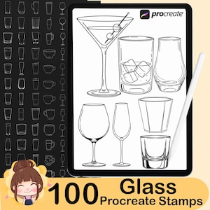 May include: A digital illustration on a tablet shows various glassware designs, including a martini glass, a highball glass with ice cubes, and a wine glass. The text "100 Glass Procreate Stamps" is displayed at the bottom.