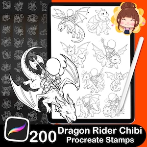 May include: A digital art illustration on a tablet showcasing 200 Dragon Rider Chibi Procreate Stamps. The stamps depict dragons and riders in black and white. The Procreate app logo is visible, along with the text 'Dragon Rider Chibi Procreate Stamps'.