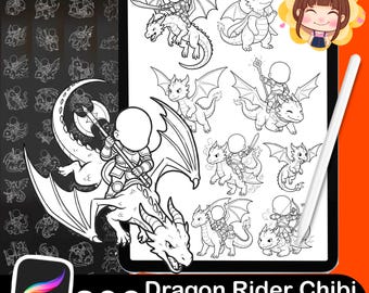 Paquete de 200 sellos Chibi de Jinete de Dragón para Procreate / Juego de rol de fantasía